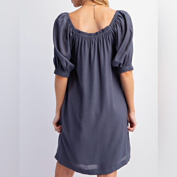 🔥🔥New Boutique Pleated Babydoll Poly Crepe Dress Faded Navy - Picture 4 of 5